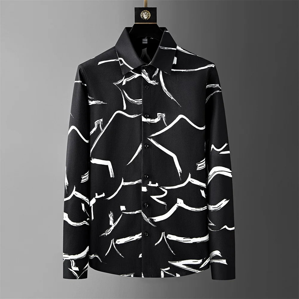 British Style Printed Men's Shirt Long Sleeve Loose Casual Shirts Men Clothing 2025 Summer Business Social Party Tuxedo Blouse