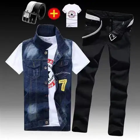 Spring Autumn Mens Thin sleeveless Denim Coat Pencil Pants T-shirts 3pcs Set Jacket Trousers Casual for Male Slim Fit