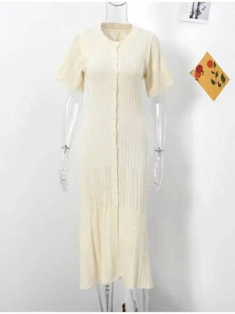Elegant Knit Dress For Women White Slim O-neck Single Breasted Short Sleeve Long Dresses Female Spring Fashion Lady Robe T88X