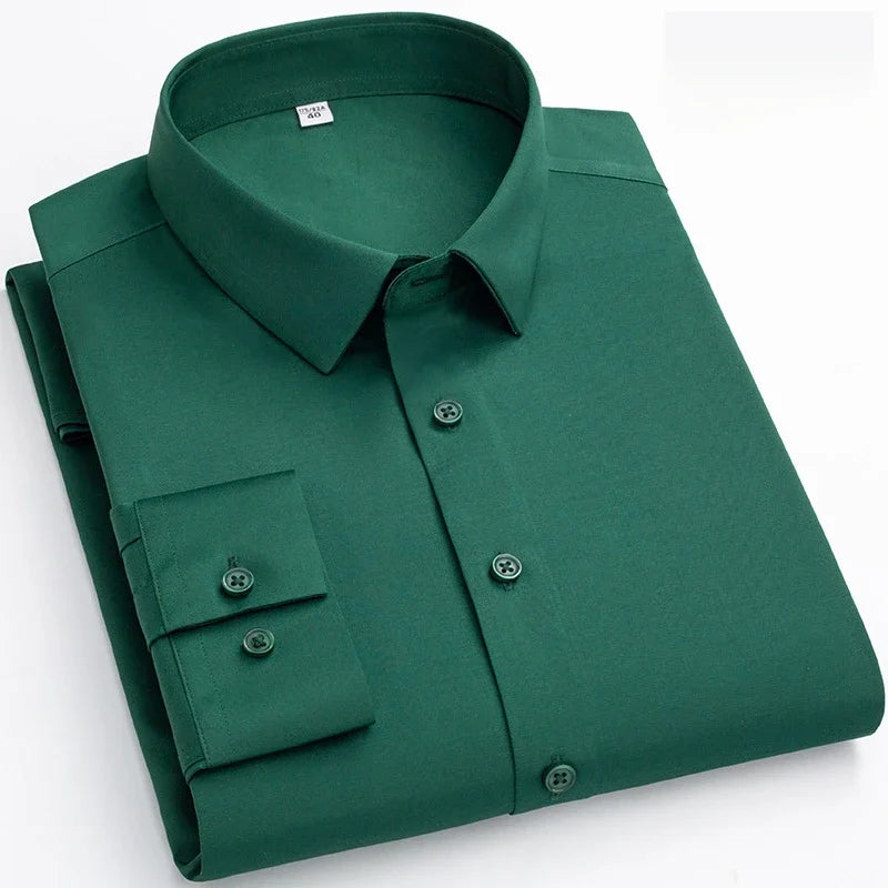 Over Size Solid Color Long-Sleeve Shirts for Men Slim Fit Formal Plain Shirt Elastic Single Pocket Tops Business Dress Clothes