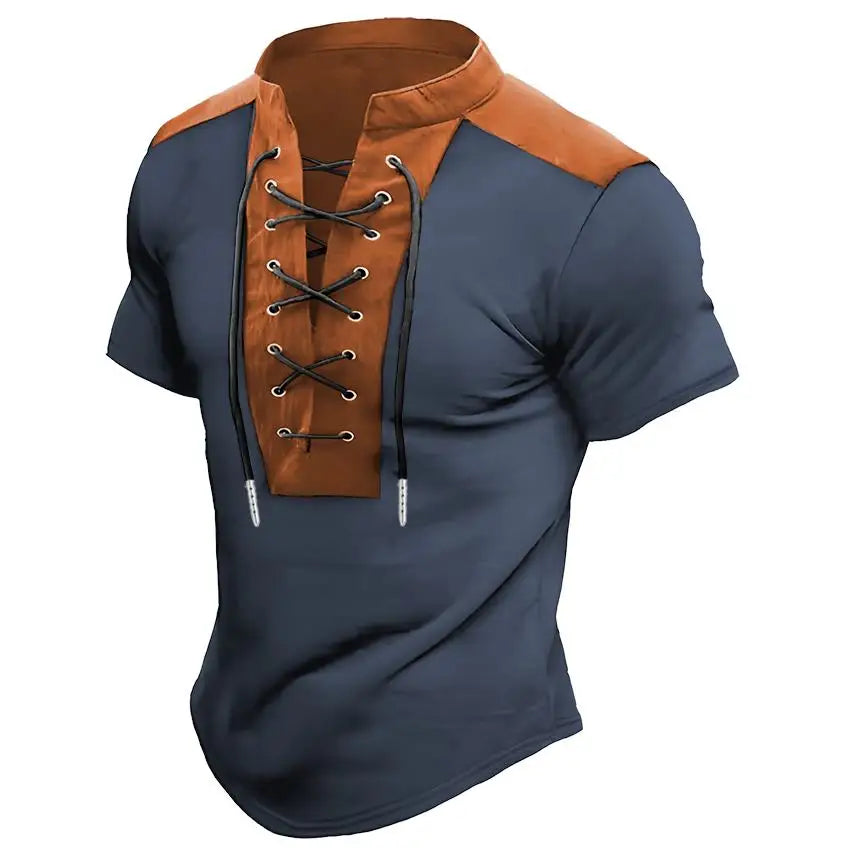 Men's V-neck Casual Beach Short Sleeved Color Matching Men's Top T-shirt Retro Streetwear