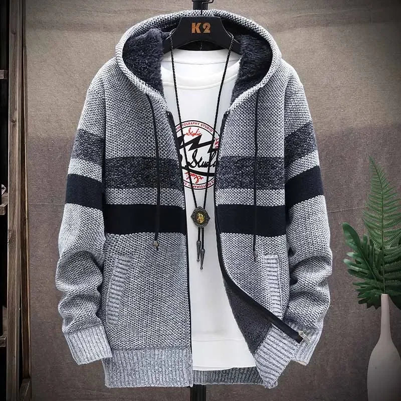 Customizable Striped Mens Sweater Coat Thick Fleece Warm Zipper Wool Hooded Cardigan Jumpers Men Long Sleeve Knitted Sweaters