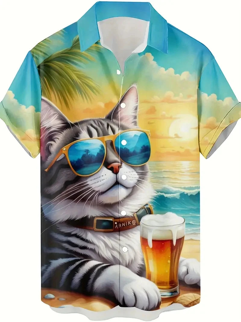 Men's Fashion 3D Printed 2025 Casual Hawaiian Shirts Funny Monkey Giraffe Cat Graphic Blouses Short Sleeve Button Shirt Tops