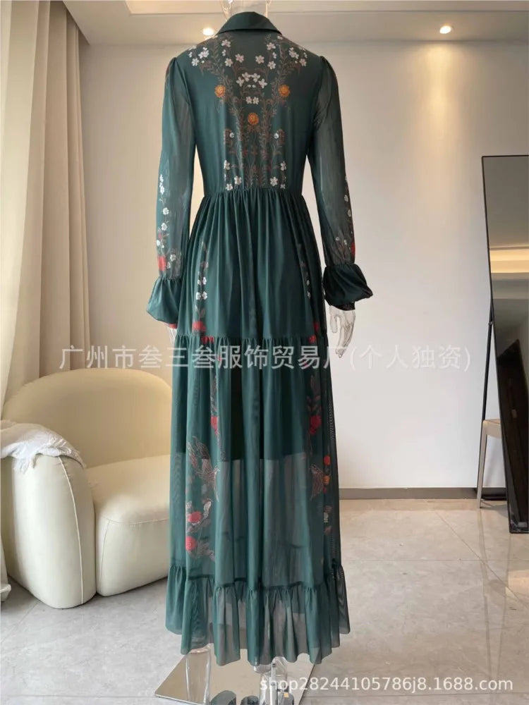 Fashion Vintage Print Dress For Women Casual Long Sleeve Turn-down Collar Button Pullover Loose Dresses Robe Femme Holiday Party