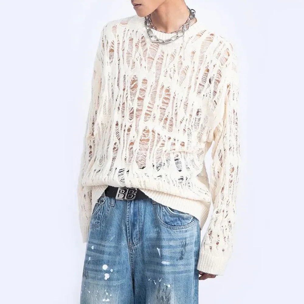 Men Sweater Harajuku Perspective Destructed Hollow Hold Pullover Tops Autumn Streetwear Fashion Trendy Daily Sweater Unisex 2024
