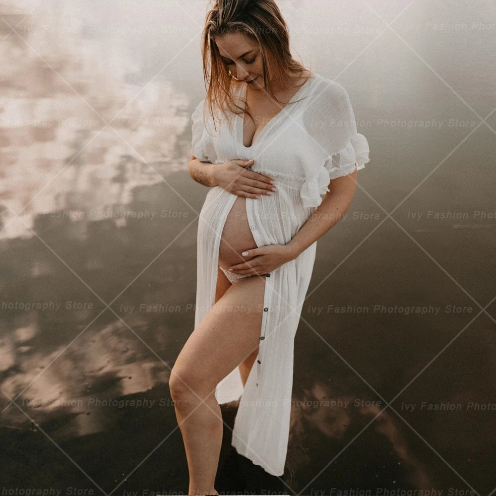 Comfortable Linen Cotton Dress For Pregnant Women Waist Drawstring  Beach Skirt Bohemian Photo Shooting Pregnancy Dress