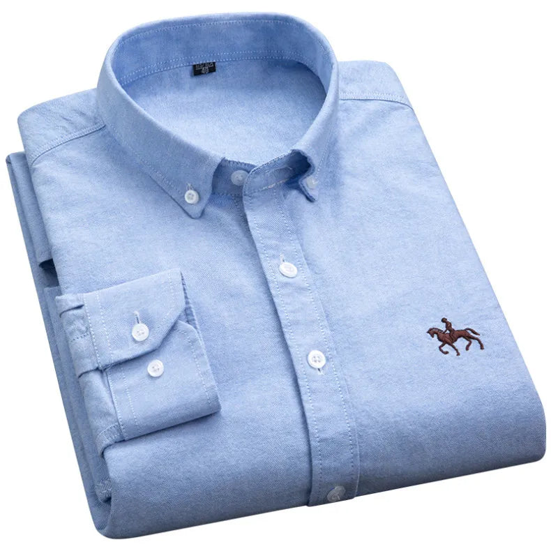 Cotton Oxford Shirt For Men Long Sleeve Plaid Striped Casual Shirts Male Pocket Regular-Fit Button-Down Work Man Dress Shirt