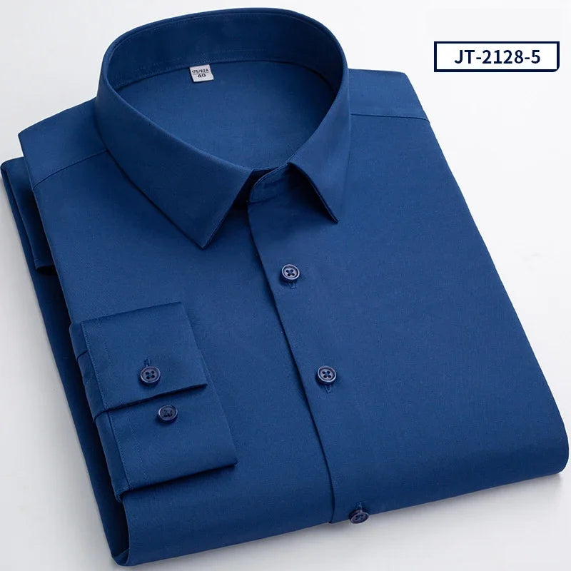 Over Size Solid Color Long-Sleeve Shirts for Men Slim Fit Formal Plain Shirt Elastic Single Pocket Tops Business Dress Clothes