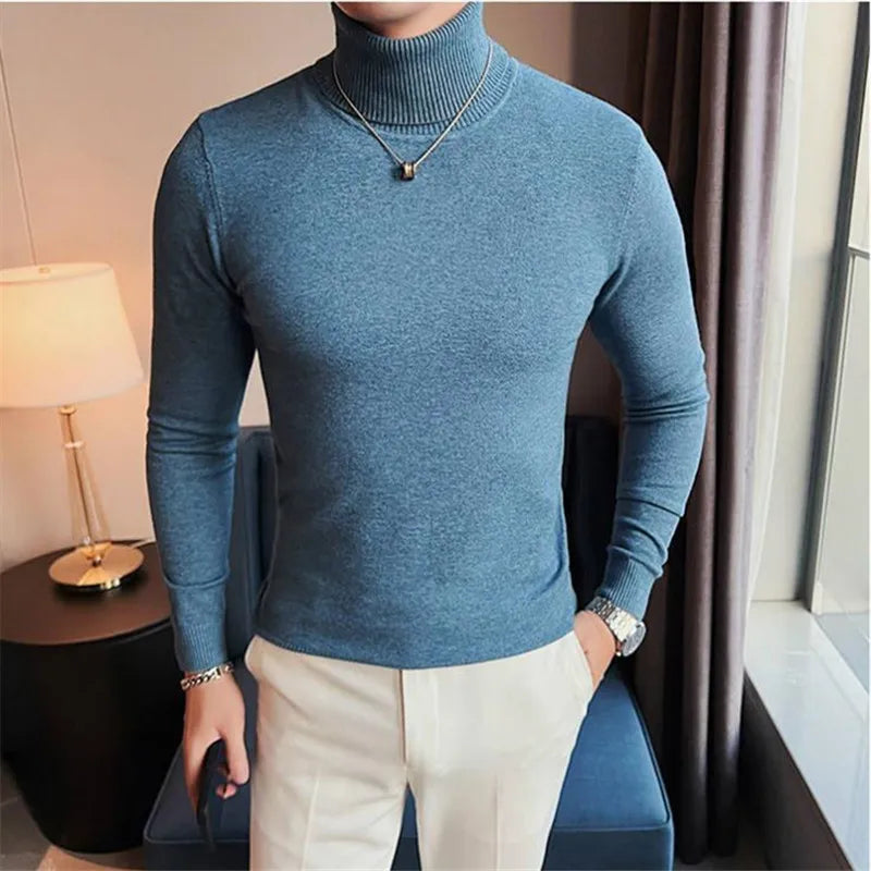 Autumn Winter Fashion Turtleneck Sweaters Men Solid Slim Fit Knitted Pullovers Mens Warm Casual Knit Turtleneck Pullover Sweater