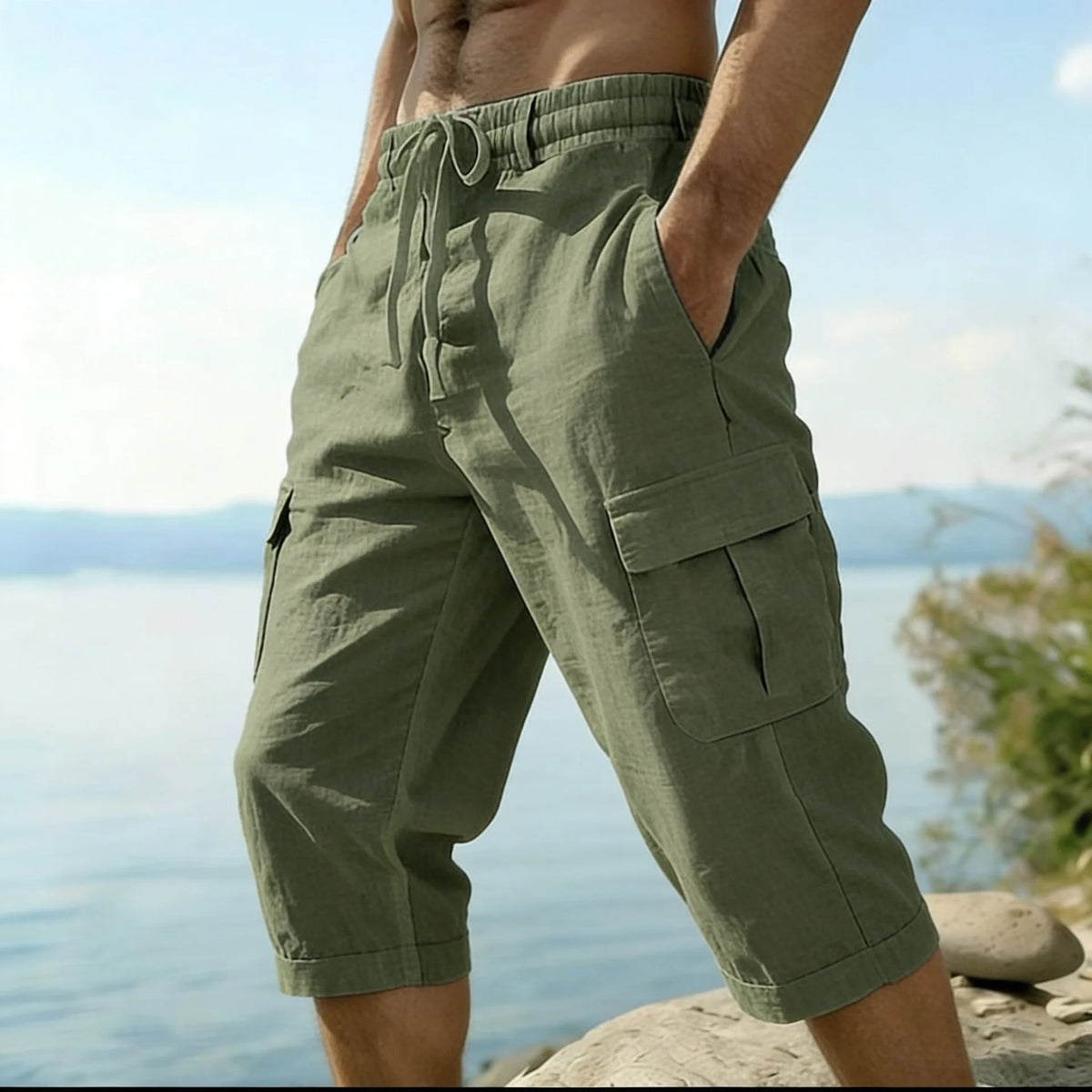 Men Summer Cotton Linen Shorts Retro Multi Pocket Loose Casual Shorts Thin Breathable Outdoor Fishing Travel Beach Short Pants