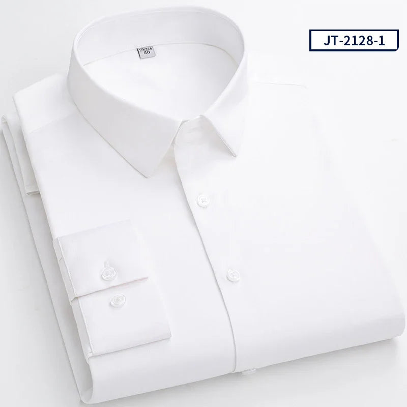 Over Size Solid Color Long-Sleeve Shirts for Men Slim Fit Formal Plain Shirt Elastic Single Pocket Tops Business Dress Clothes