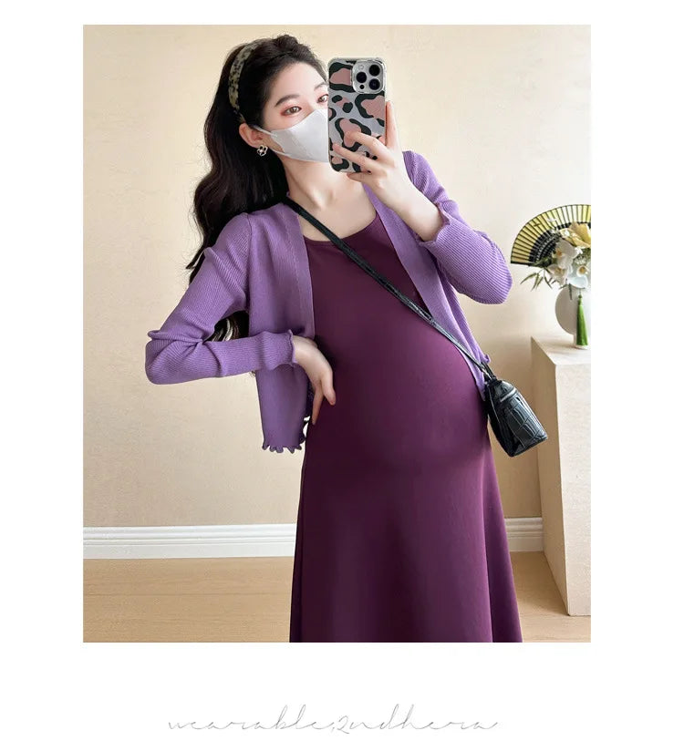 Maternity Clothes Spring Summer Elegant Purple Square Neck Sleeveless Dress And Long Sleeve Knit Cardigan For Pregnant Women