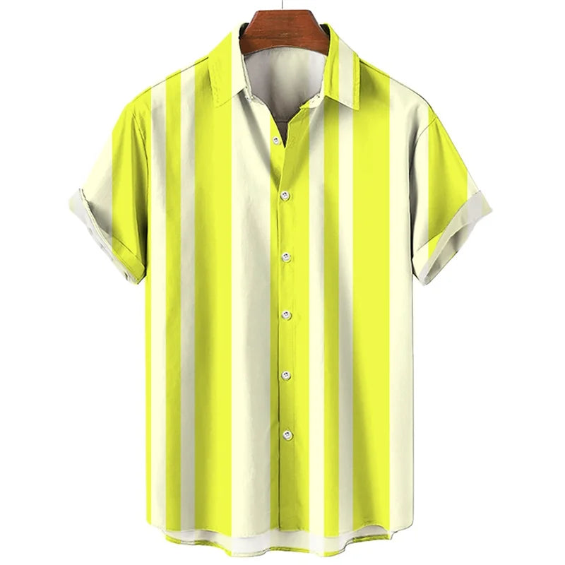 Mens Hawaiian 3d Stripe Print Shirt Harajuku Summer Fashion Short Sleeves Casual Beach Vacation Button Loose Aloha Shirts