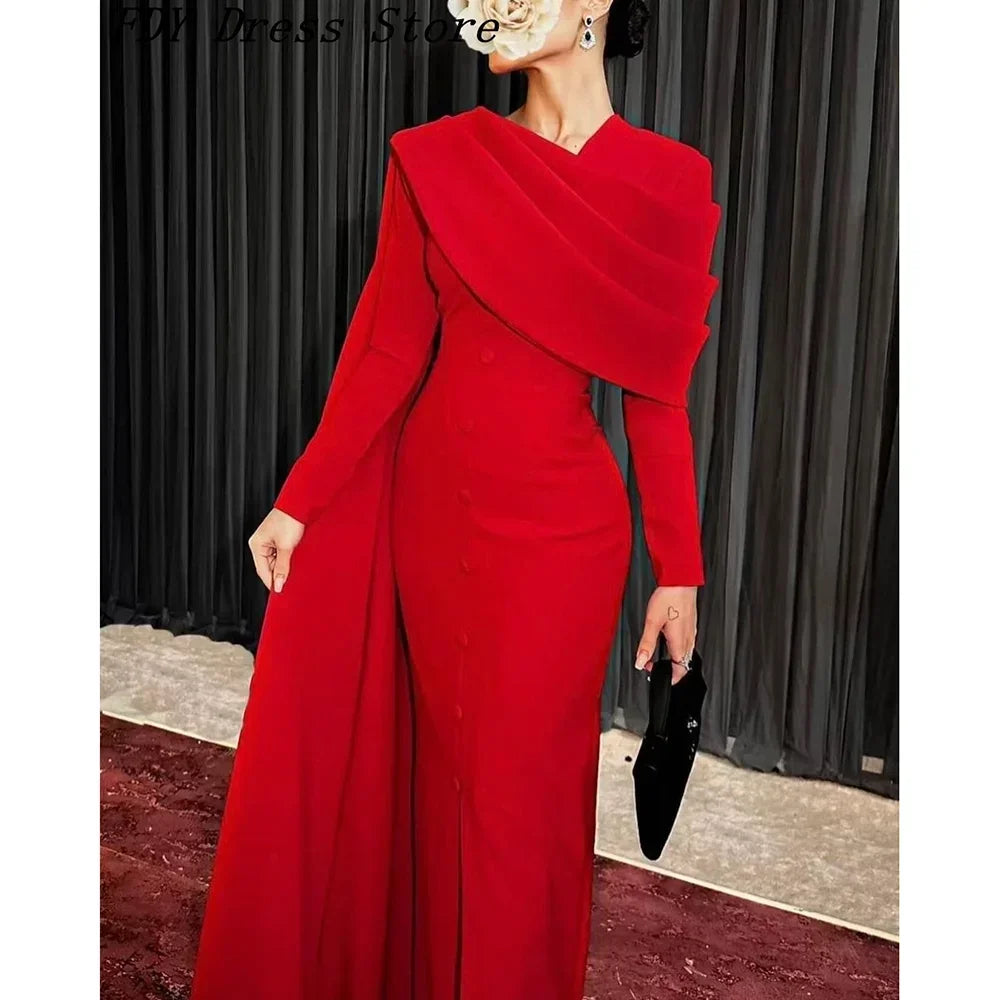 Customized Elegant Red Womens Dresses Long Sleeves Pleated Straight Ankle Length Wedding Party Dresses Formal Ocn Dress