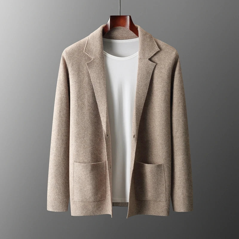 100% Pure Wool Cardigan Men's Spring And Autumn High-End Outerwear Sweater Casual Small Suit Jacket Olive Collar Sweater