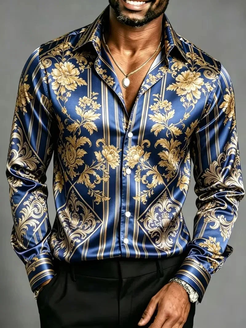Satin Silk Long Sleeve Baroque Floral Printed Men Dress Shirts Slim Fit Party Nightclub Casual Formal Tops