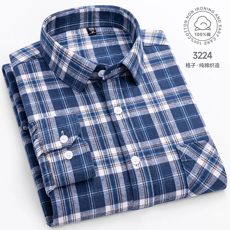 Cotton Plaid Casual Long Sleeve Shirts For Man M-11XL Plus Size Winter Warm Flannel Chic Clothes Business Smart Dress Shirts Top