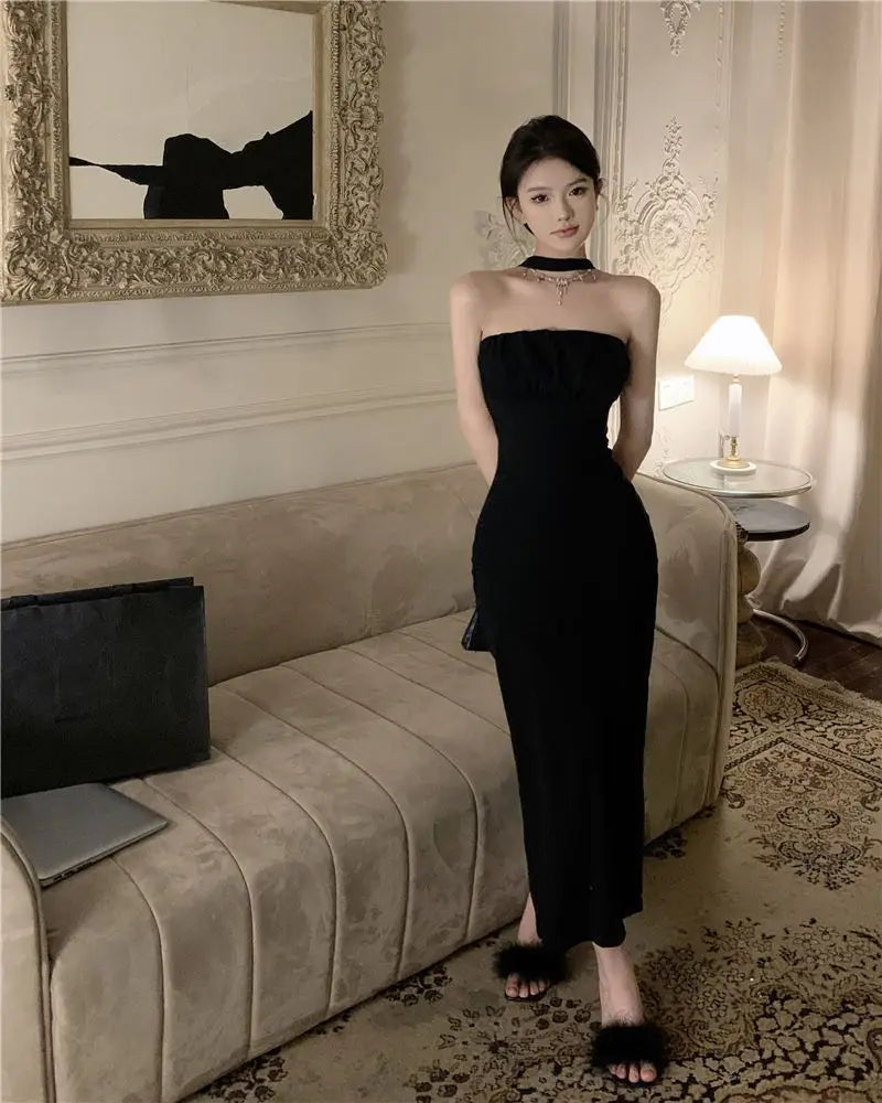 Birthday Dress For Women Vestidos De Mujer Summer French Backless One Shoulder Women's Spring Black Bow Sleeveless
