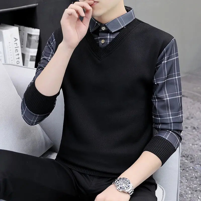 Fashionable Knitted Slim Fit Long Sleeve Shirt Collar Sweater for Men Autumn Outerwear Casual Style Polyester Fiber Youth Fas...
