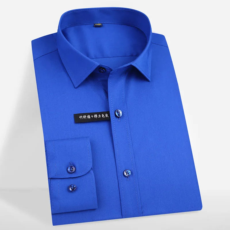Men's Business Dress Shirts Bamboo Fiber Blend Long Sleeve Solid Color Work Shirt with Lapel Collar Regular Fit for All Seasons