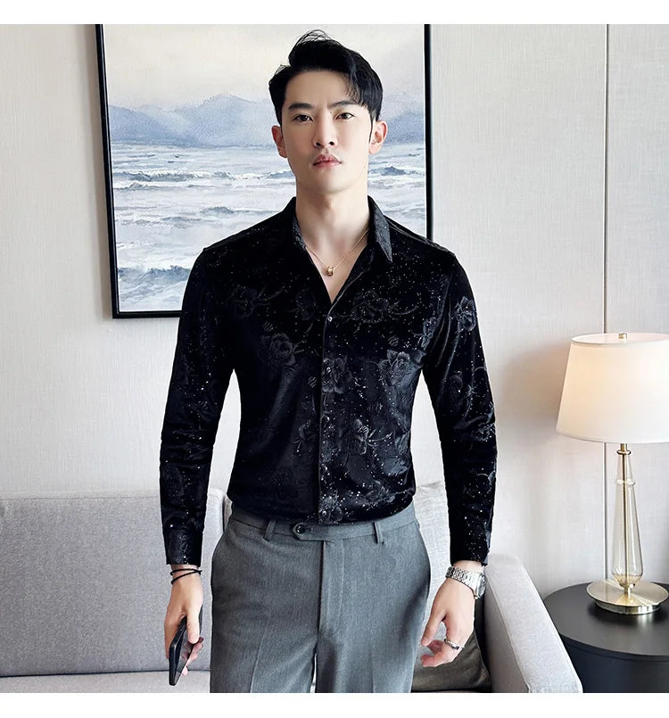 Men's Long Sleeve Velvet Flower Shirt New Luxury Printed Business Casual  Dress Shirts Formal Social Party Turn Down Collar Tops