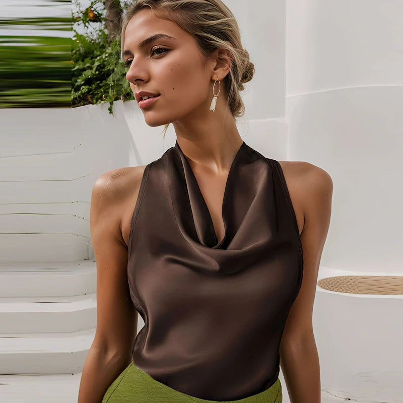 HXAO Top Women Halter Satin Women Tops Backless Corset Top Vest Yellow