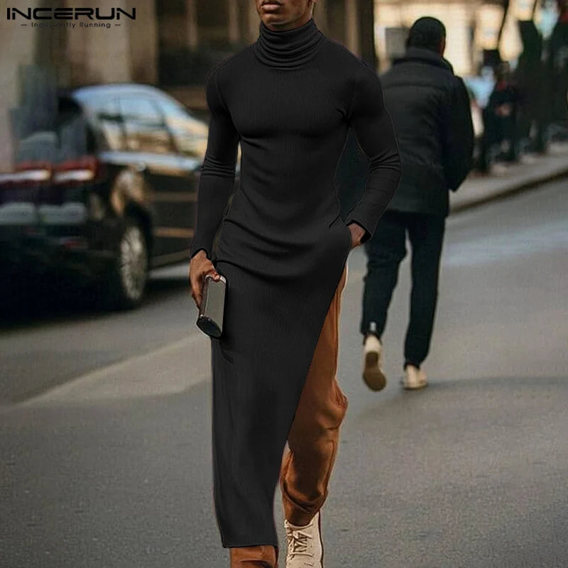 INCERUN Tops 2024 American Style Fashion Men Solid Texture Sweaters Casual Streetwear Hot Sale High Neck Long Sleeved Pullovers