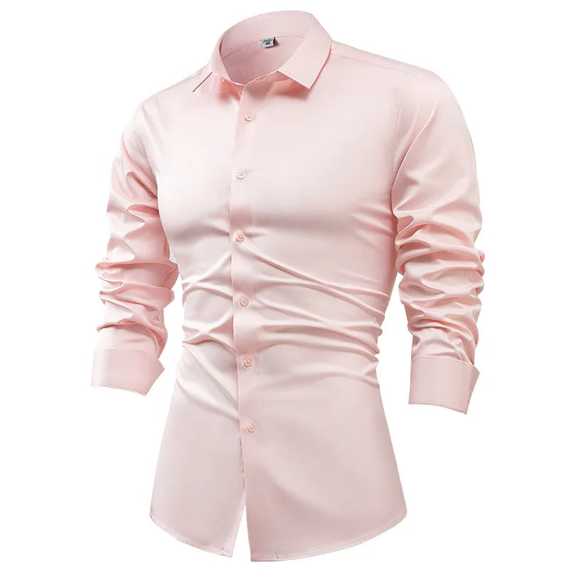2025 Spring Autumn Royal Blue Silk Satin Long-sleeved Dress Shirts for Men, Navy Blue Business Casual Non-iron Wrinkle Camisas