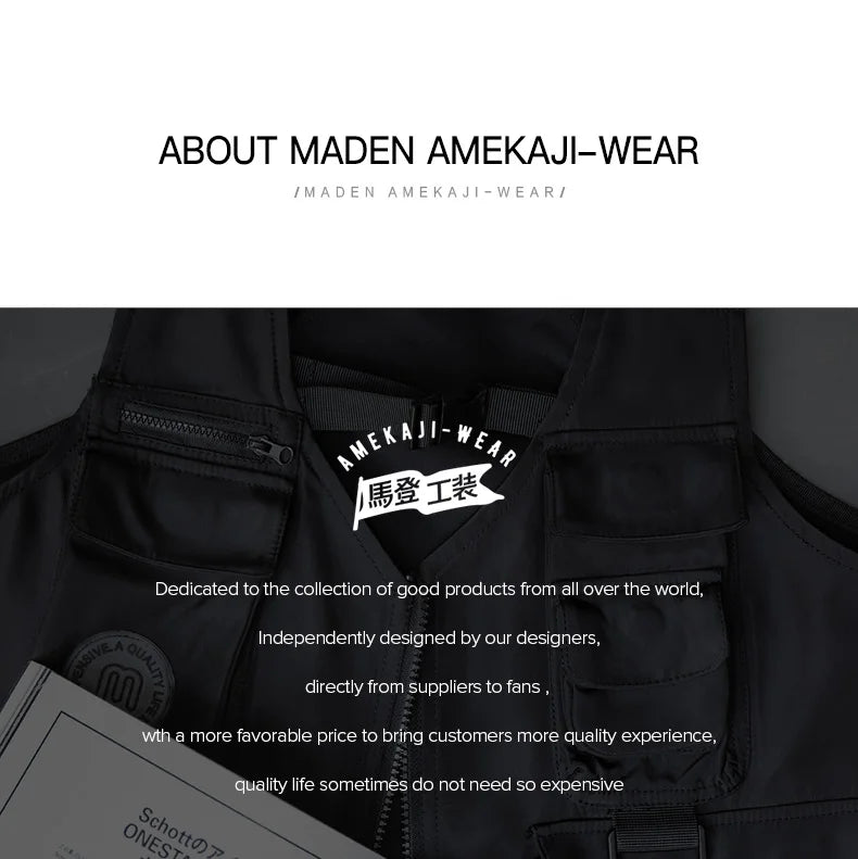 Maden Men Multi-pocket Tactical Vest Jacket & Bag Japan Retro Multi-function Photography Waistcoat Wide Shoulder Strap Solid Bag