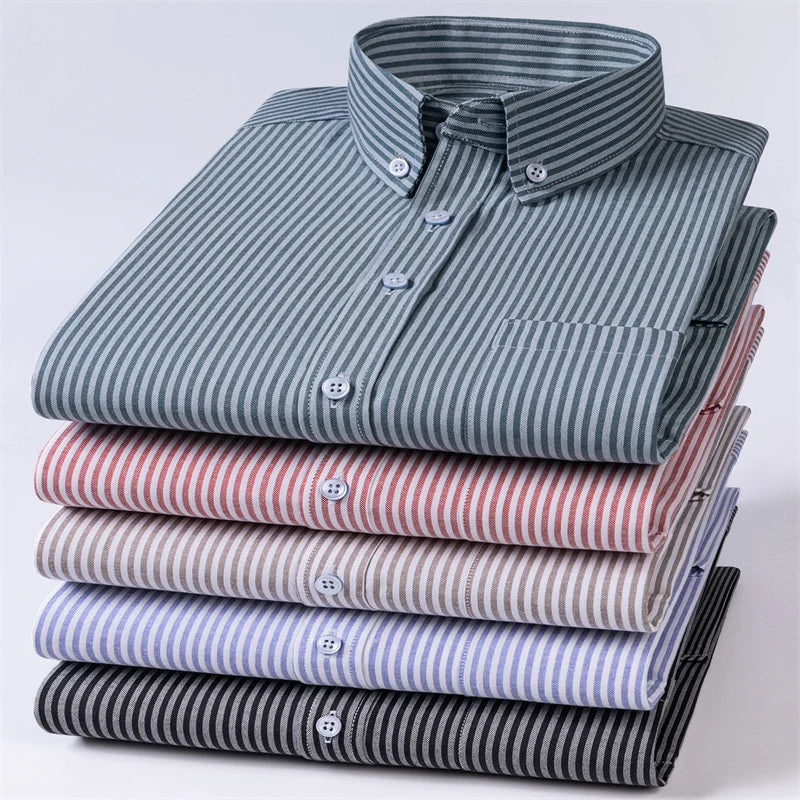New Fashion Men's Oxford Shirts Long Sleeves Cotton Stripe Thin Soft Regular Fit Formal Shirt Pocket Social Blouse Male Clothing