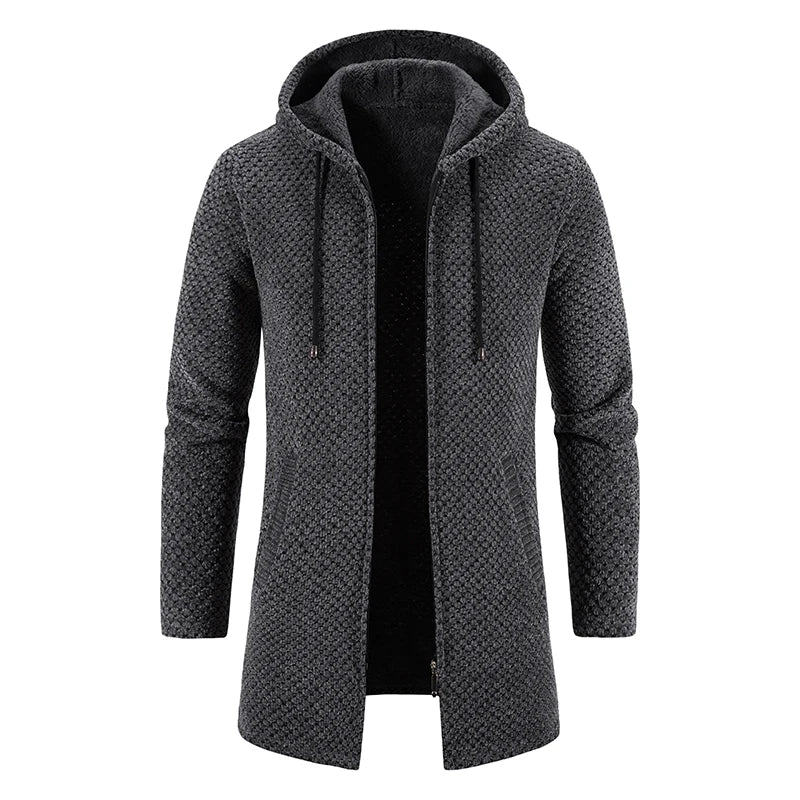 Men Winter Long Trench Coat 2023 Knit Sweater Jacket Fleece Wind Breaker Navy Turn-down Hoodies Zipper Cardigan Male Overcoat