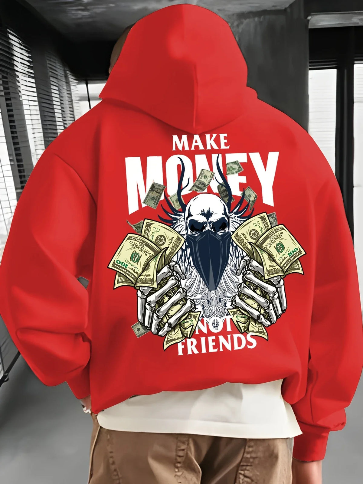 Commuting fashion men's autumn and winter must-have hooded sweatshirt Make MONEY NOT FRIENDS printed hooded sweatshirt versatile