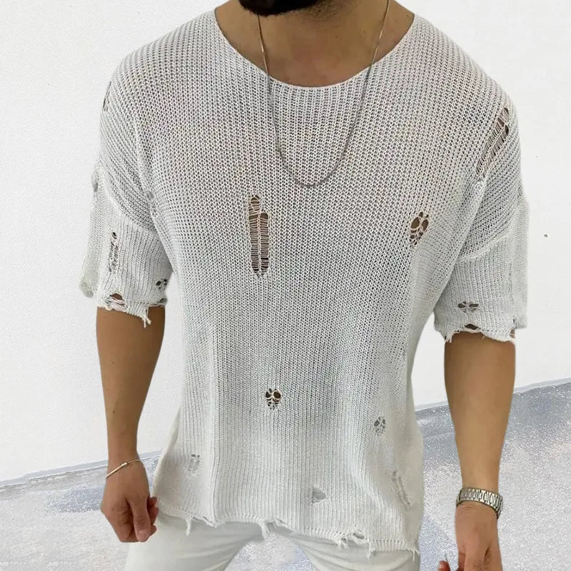 2023 Summer Men Sweater Thin Short Sleeve O-neck Knitted T-shirt Tops Casual Hollow Loose Knit Shirt Pullover Male Streetwear