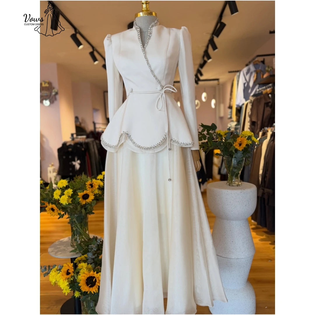 Vows Evening Dresses Woman Elegant Dresses for Special Event Long Sleeves Saudi Luxury Women Evening Dress Wedding Guest V-neck