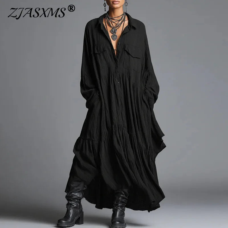 Women's Casual Dresses New Vintage Solid Loose Pleated Bohemian Long Dress 2026 Spring Long Sleeve Button Lapel Shirt Maxi Dress