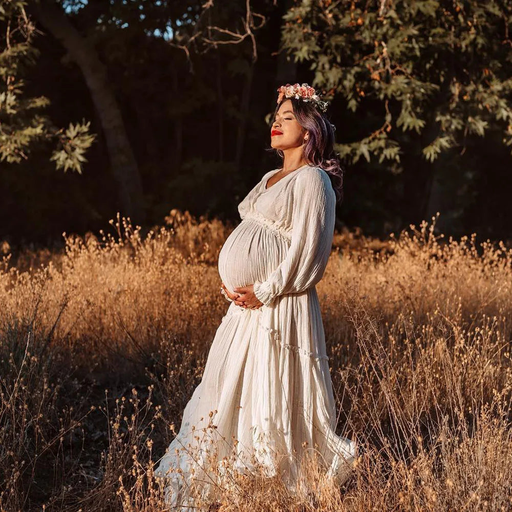 Photography Dress For Women Comfortable Linen Cotton Long Sleeved V-neck Dress Maternity Dresses For Photo Shoot Dress