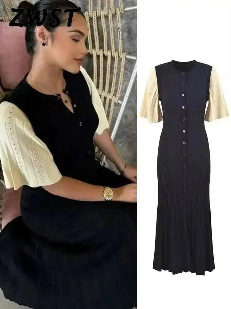 Elegant Knit Dress For Women White Slim O-neck Single Breasted Short Sleeve Long Dresses Female Spring Fashion Lady Robe T88X