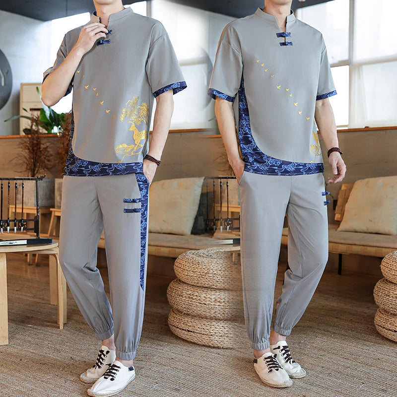 Shirts + Pants summer Cotton linen shorts sleeve shirts Men's Casual Sets Male Fashion trousers and shirts men size M-4XL TZ020