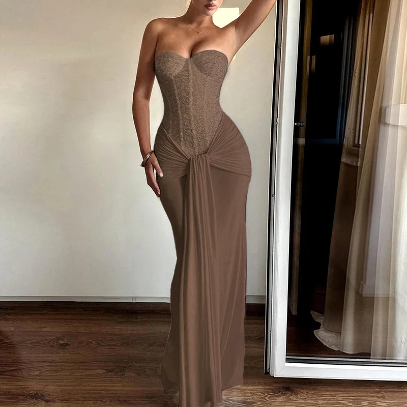 Women's Dress Fashion Backless Solid Slim Long Elegant Evening Dress Summer Ribbon Sequin Nightclub Sexy Cocktail Party Dresses