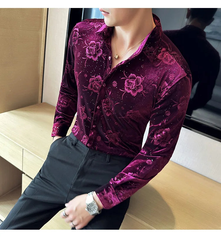 Men's Long Sleeve Velvet Flower Shirt New Luxury Printed Business Casual  Dress Shirts Formal Social Party Turn Down Collar Tops