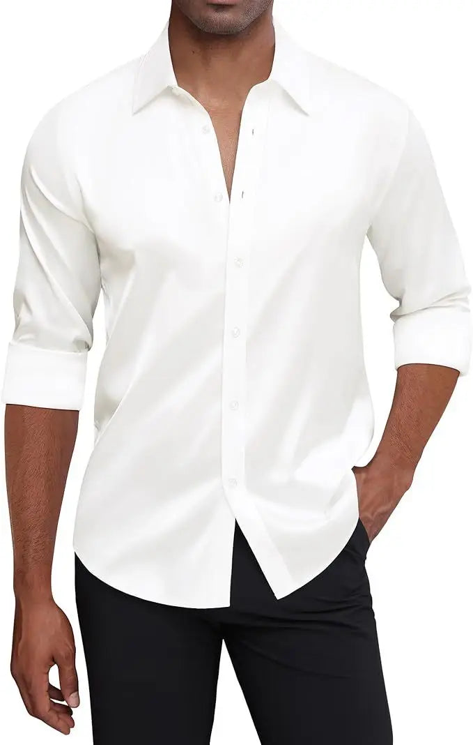 2025 Spring Autumn Royal Blue Silk Satin Long-sleeved Dress Shirts for Men, Navy Blue Business Casual Non-iron Wrinkle Camisas