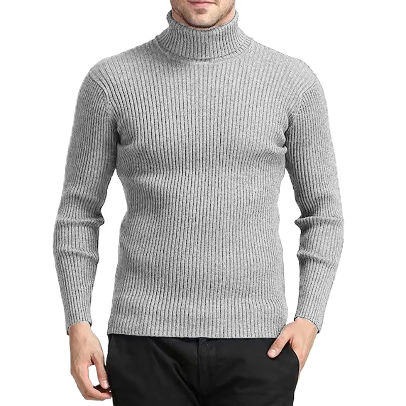 New Men's Turtleneck Sweaters Autumn Knitted Striped Streetwear Warm Long Sleeved Pullover Breathable Solid Color Basic Coat