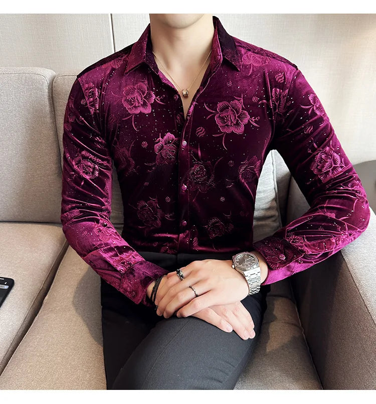 Men's Long Sleeve Velvet Flower Shirt New Luxury Printed Business Casual  Dress Shirts Formal Social Party Turn Down Collar Tops