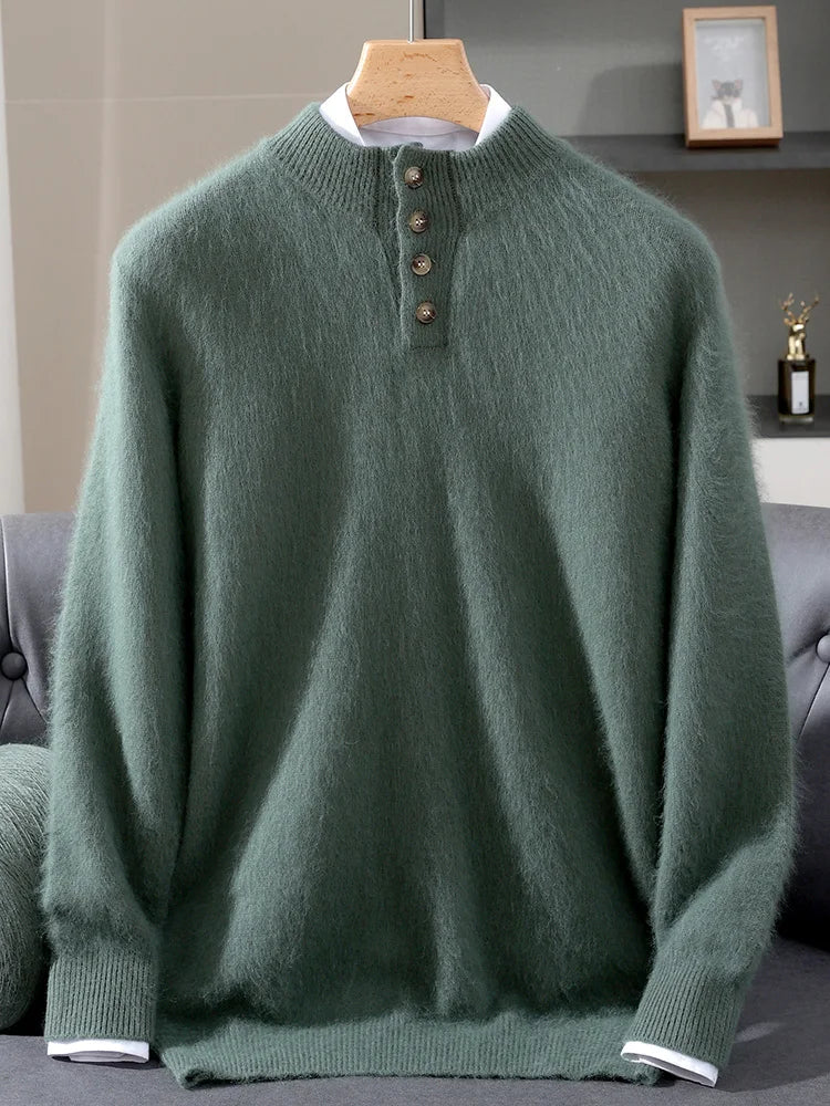 Men 100% Mink Cashmere Sweater Mock Collar Pullover with Button Autumn Winter Thicken Knitwear Smart Casual Skin Kindly Clothing