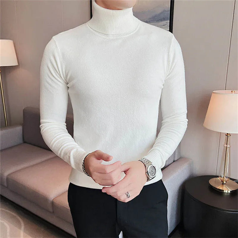 Autumn Winter Fashion Turtleneck Sweaters Men Solid Slim Fit Knitted Pullovers Mens Warm Casual Knit Turtleneck Pullover Sweater
