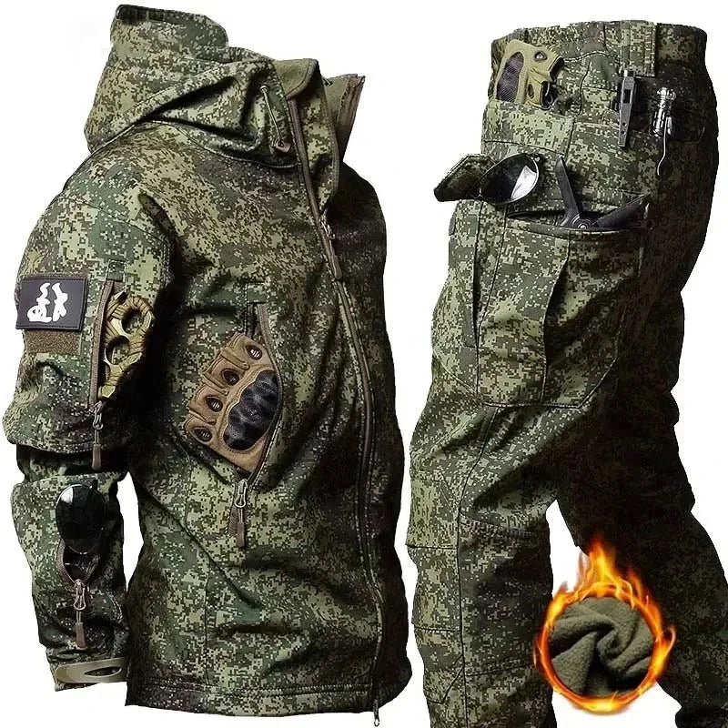 Tactical Winter Set Men's Outdoor Windproof Waterproof Suit Multi-Pocket Soft Shell Hooded Jackets Sharkskin Work Pants
