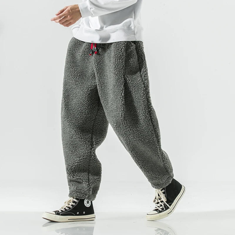 Winter Men's Lamb Wool Casual Pants Fleece Warm Elastic Waist Sweatpants Solid Thick Harem Pants Male Vintage Joggers Trousers