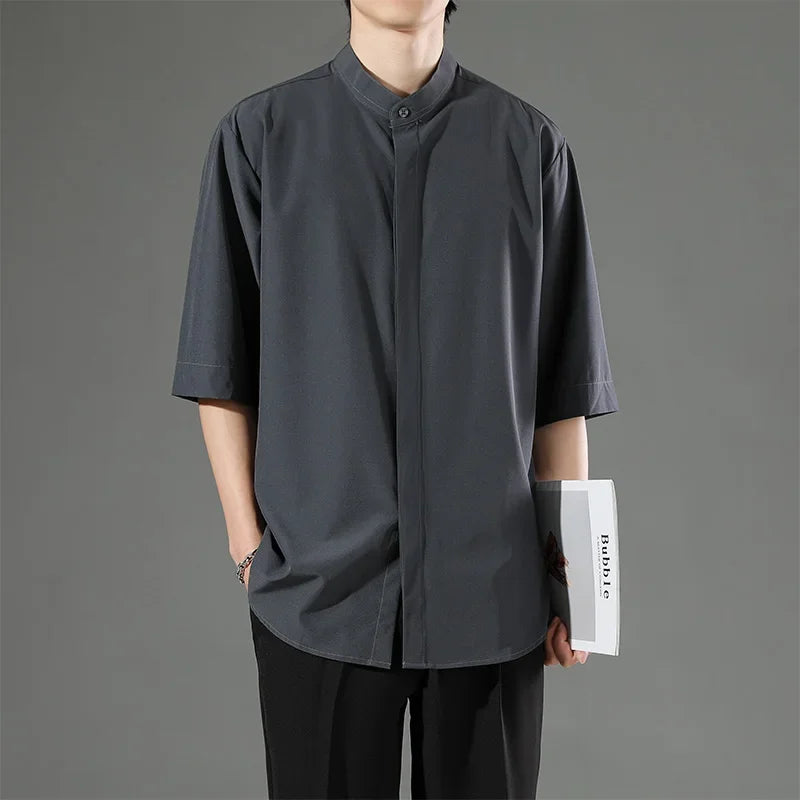 Summer Thin Short-sleeved Shirts Men Japanese Style Loose Stretch Business Casual Shirts Male No-iron Stand Collar Formal Tops