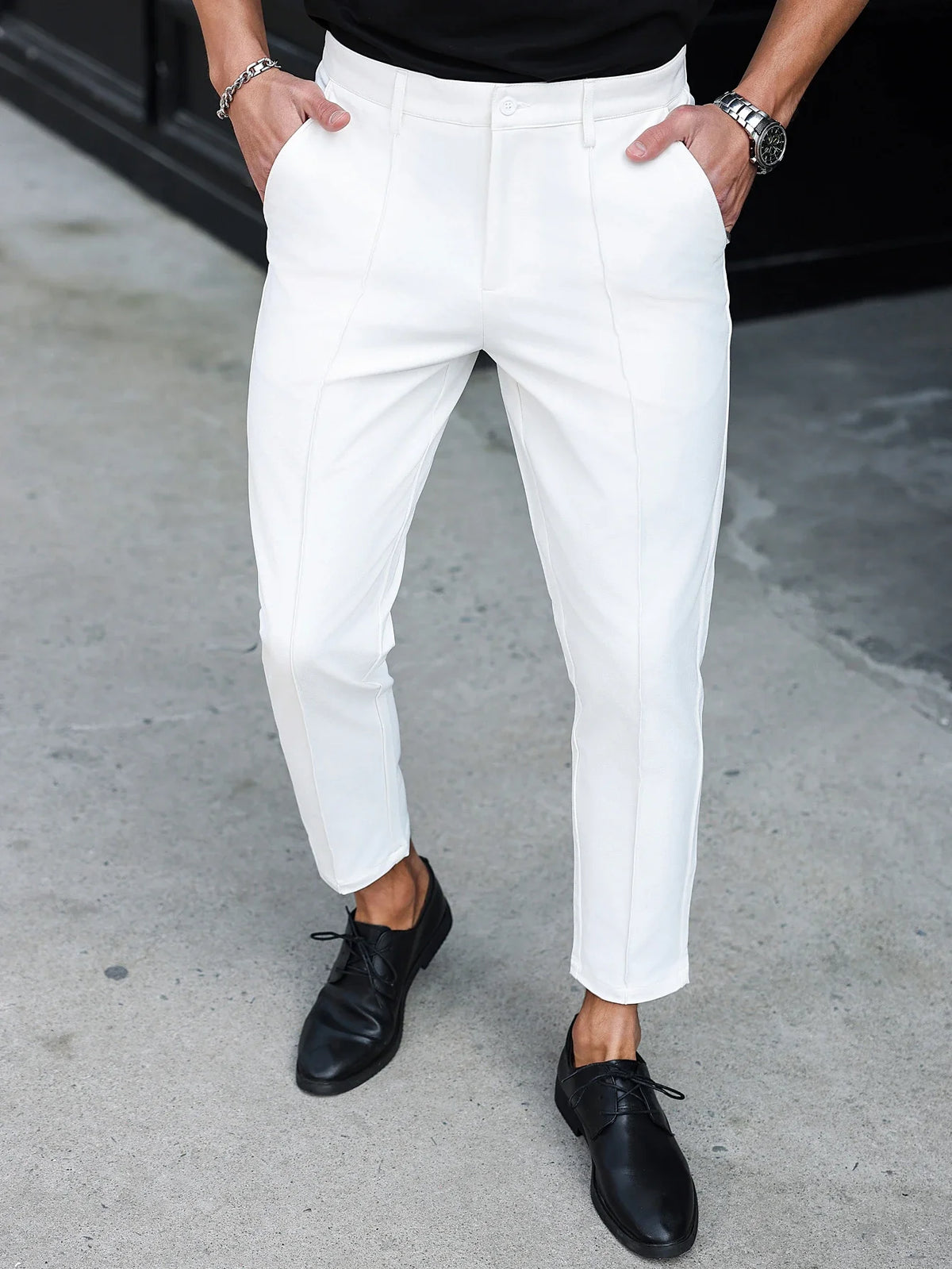 Men's Ankle Length Dress Pants 100% Polyester Slim Fit Formal Business Cropped Trousers