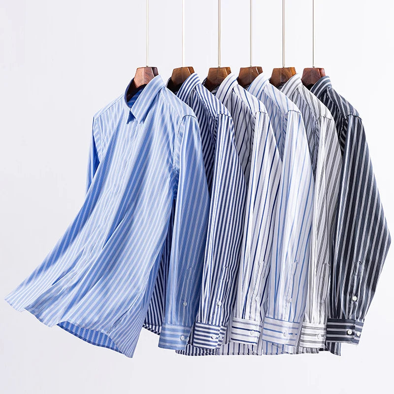 Quality Concealed Button Men Shirt Long Sleeves Dress Shirts For Men Slim Fit Camisa Social Business Blouse Stripe Shirt S-4XL